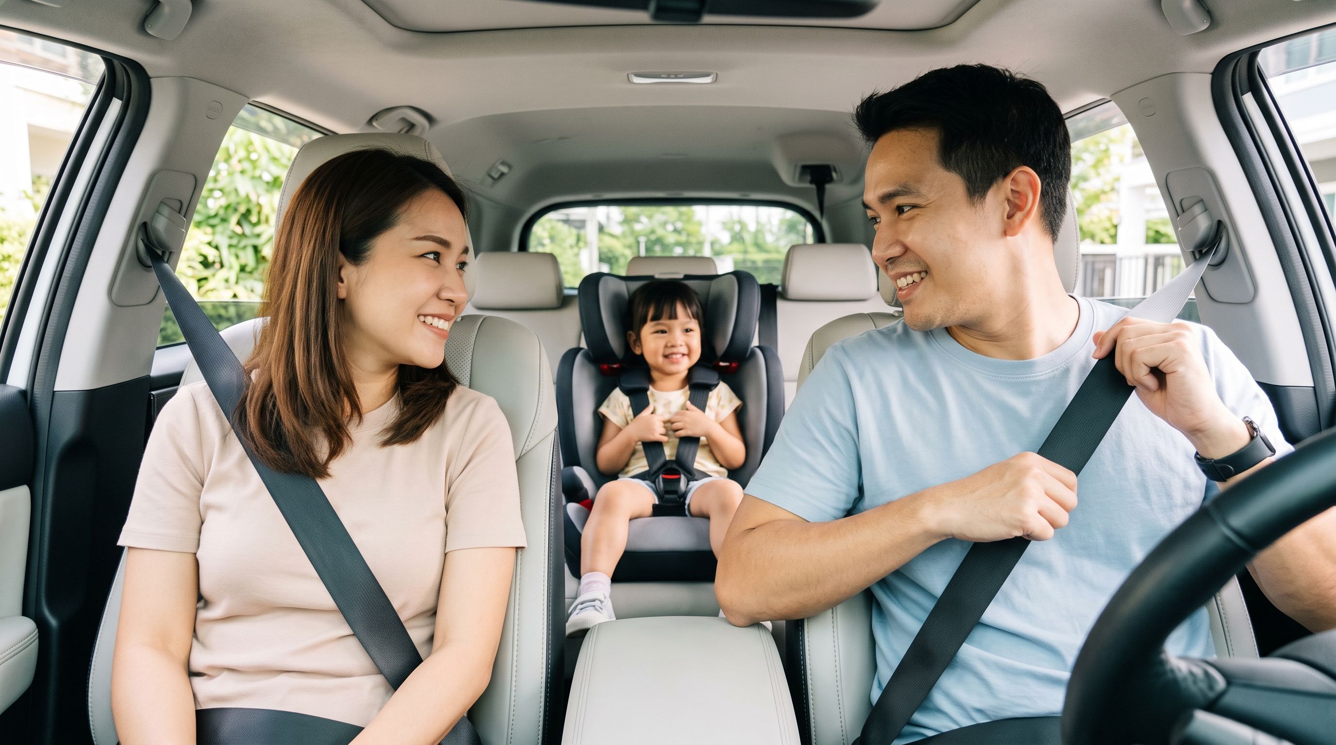 Thai family wearing seatbelts together
