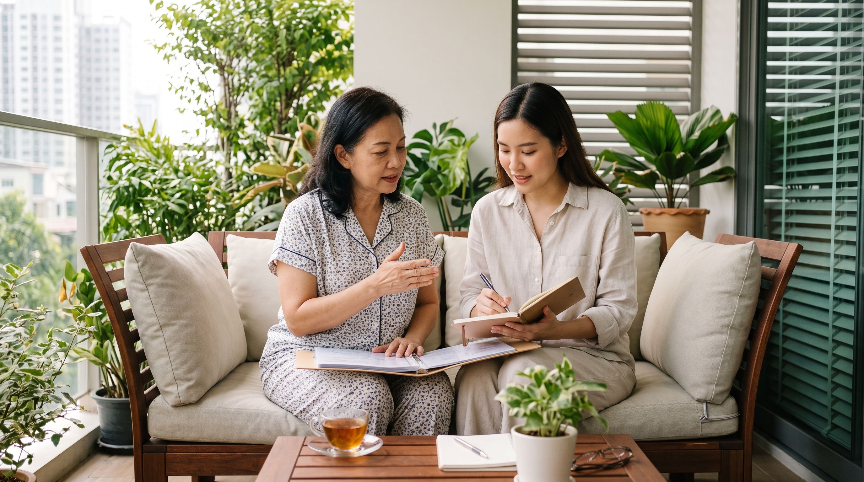 Mother and daughter reviewing family medical history on a balcony