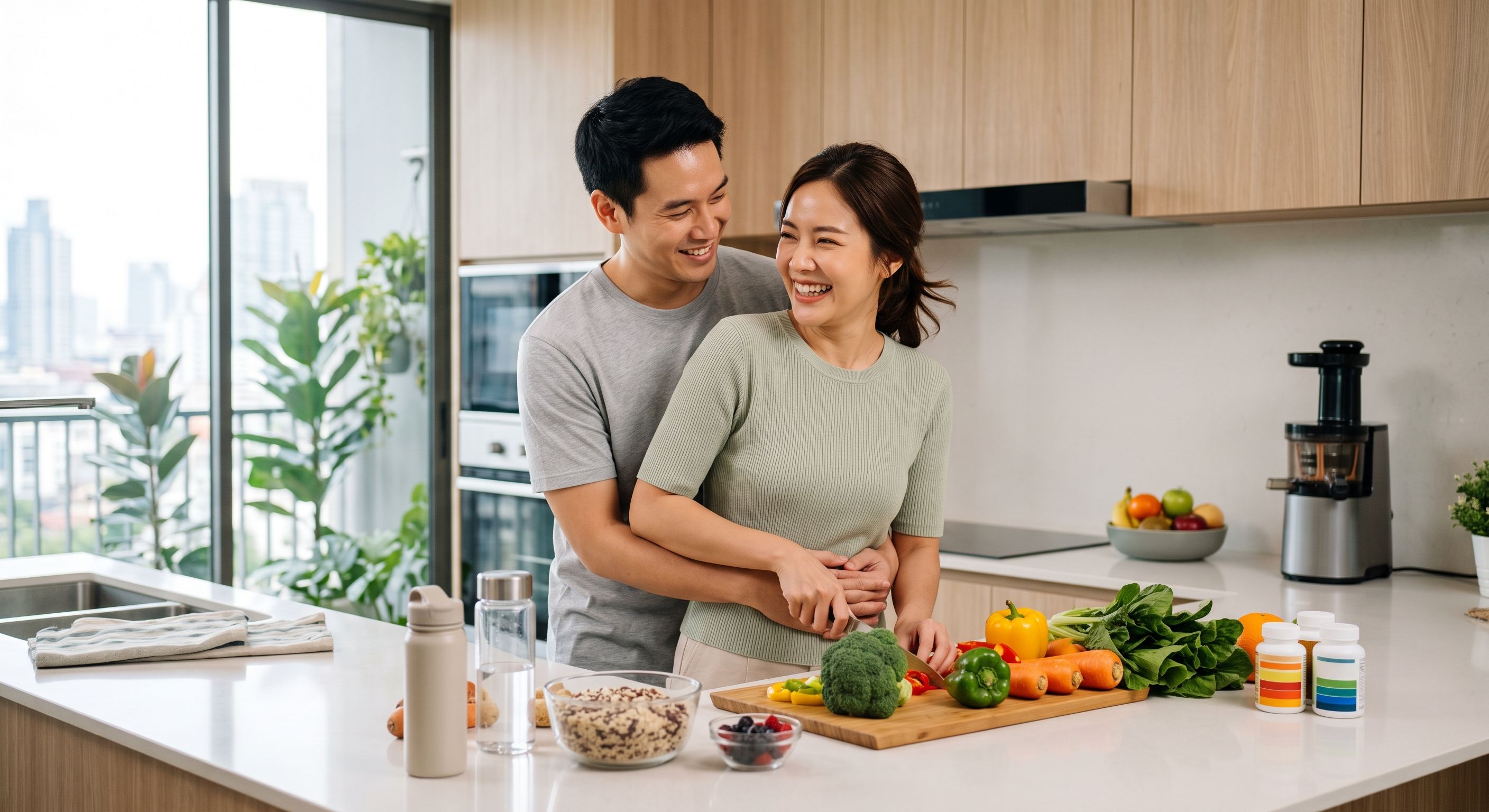 Couple preparing healthy food and nutritional supplements in the kitchen to prepare their bodies before starting IUI