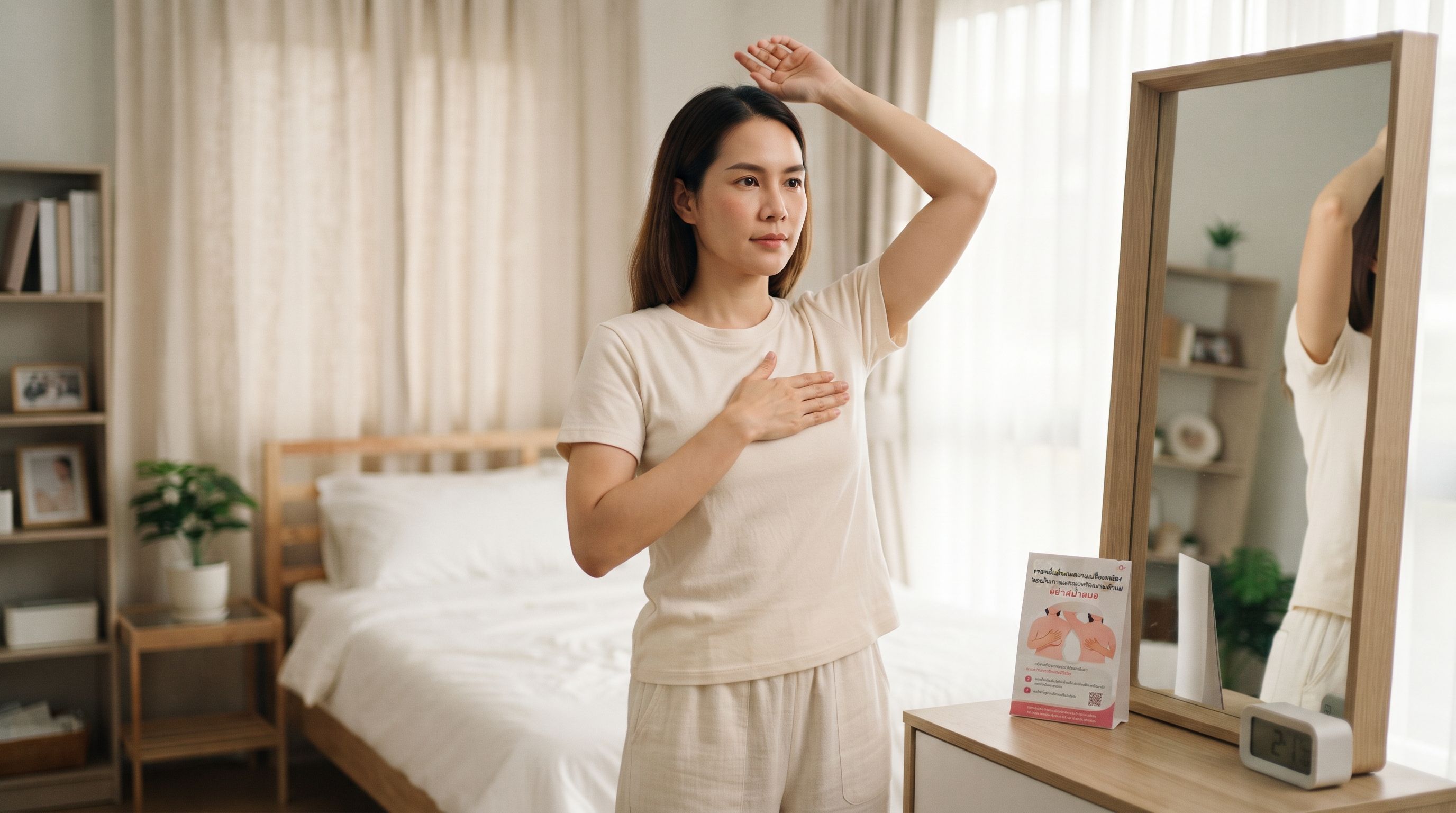 Young woman thoughtfully performing a breast self-exam in a sunlit bedroom