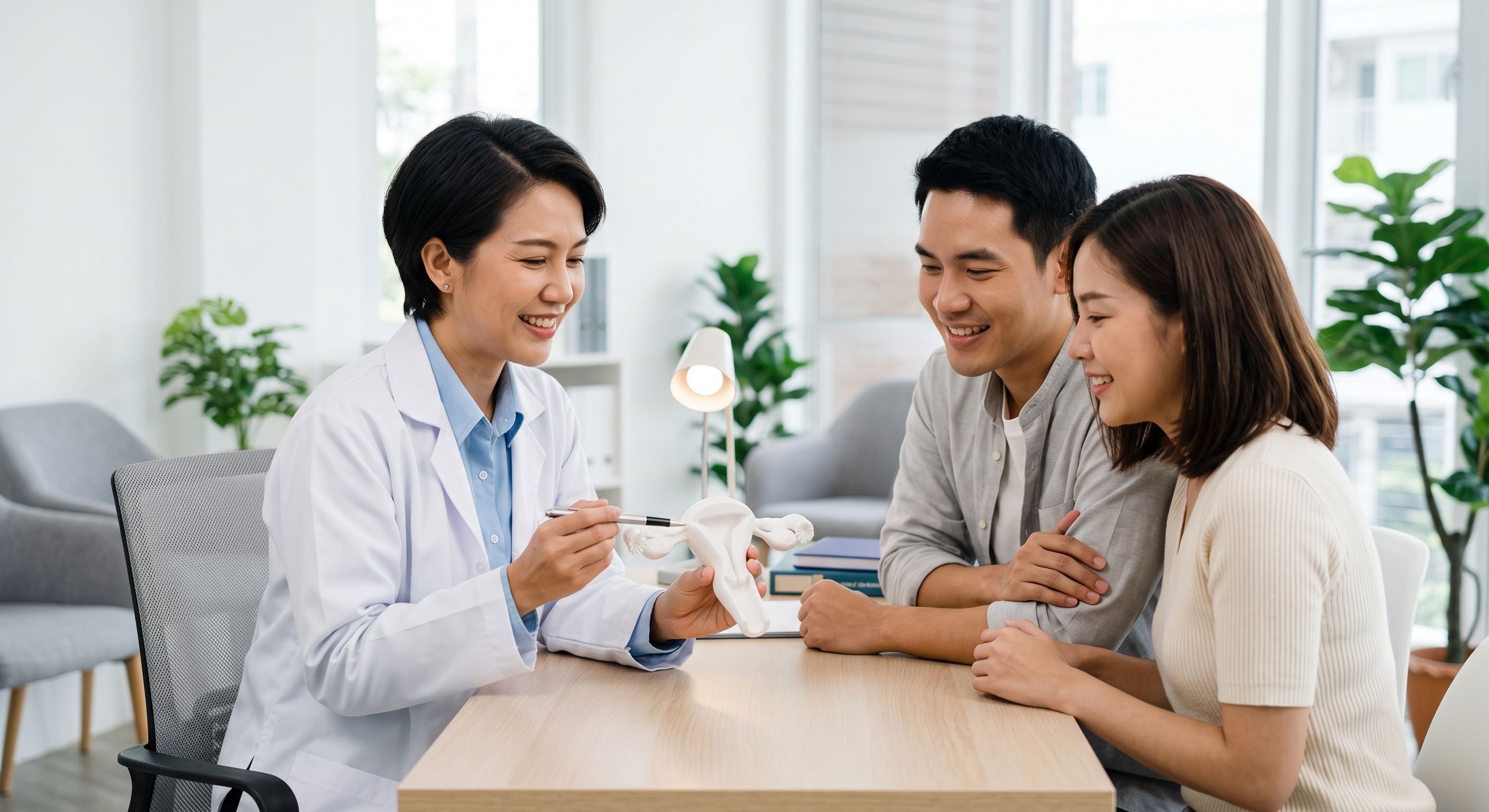 Infertility specialist explaining the IUI procedure to a couple using a uterus anatomical model