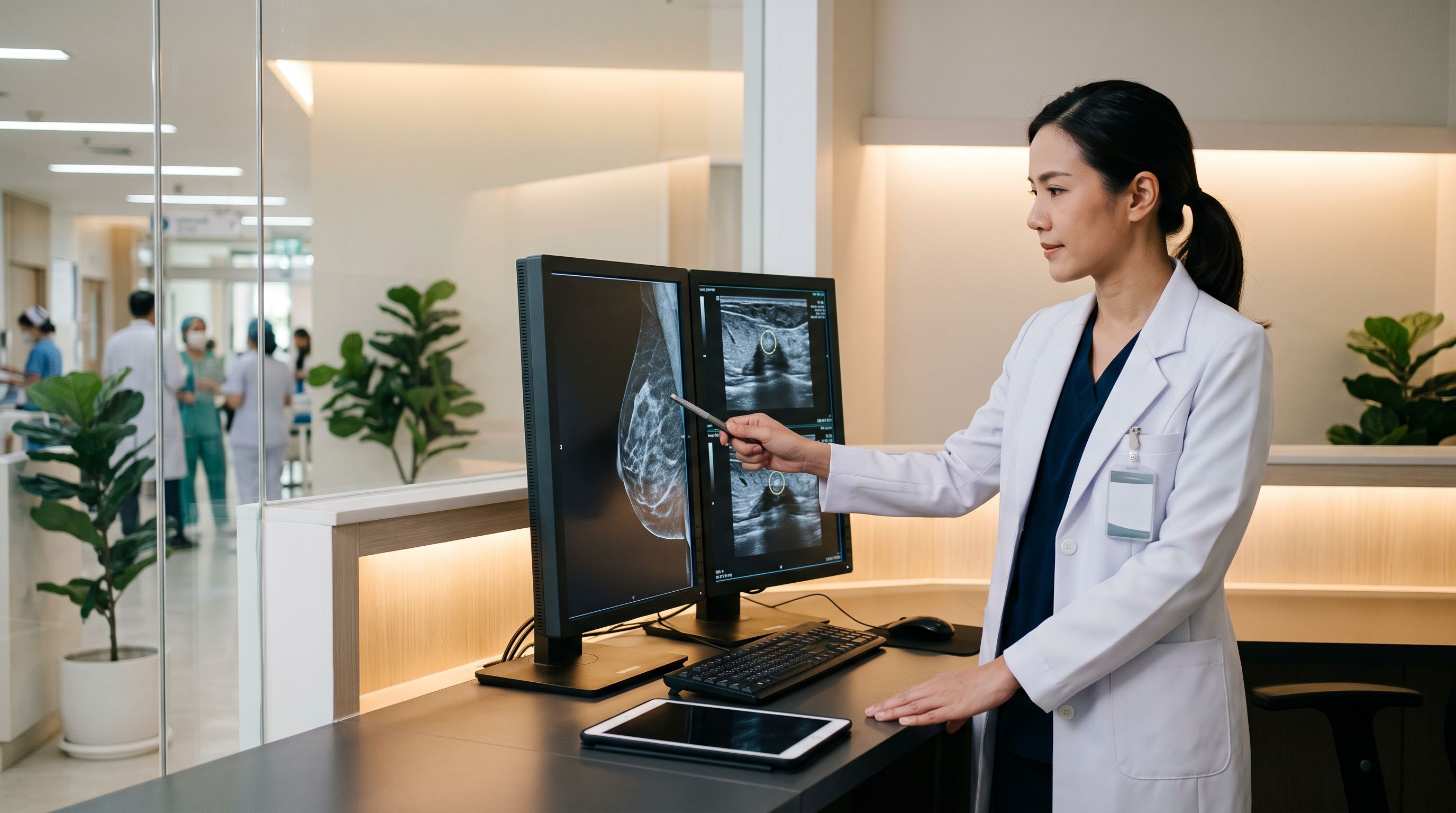 Specialist comparing and analyzing microcalcification spots on a mammogram image
