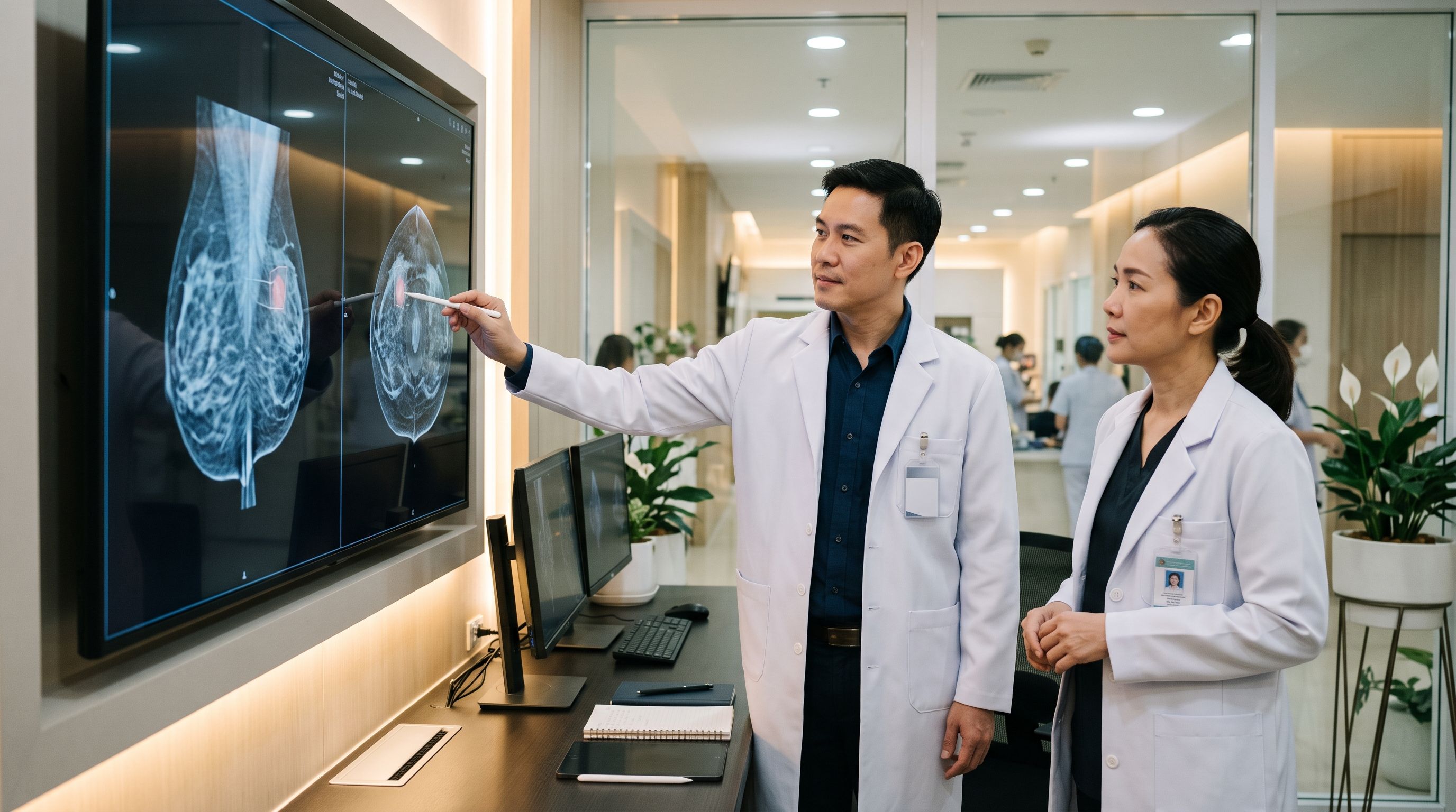 Breast care team reviewing biopsy evaluation guidelines