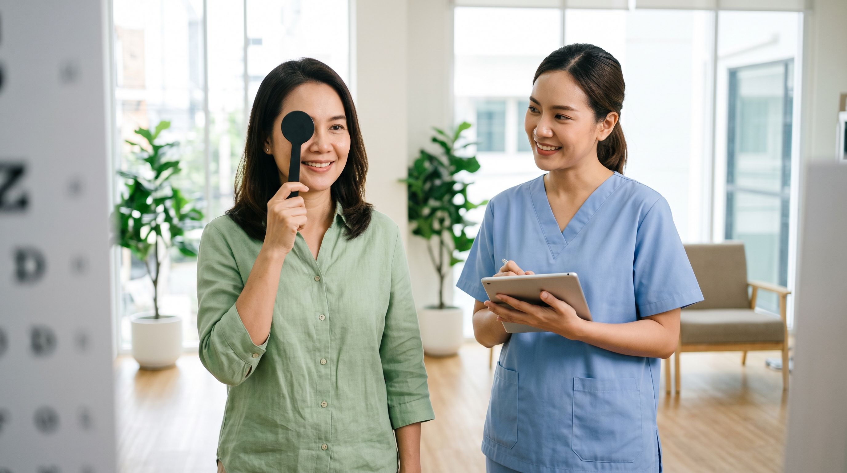Cheerful young woman undergoing a routine visual acuity test