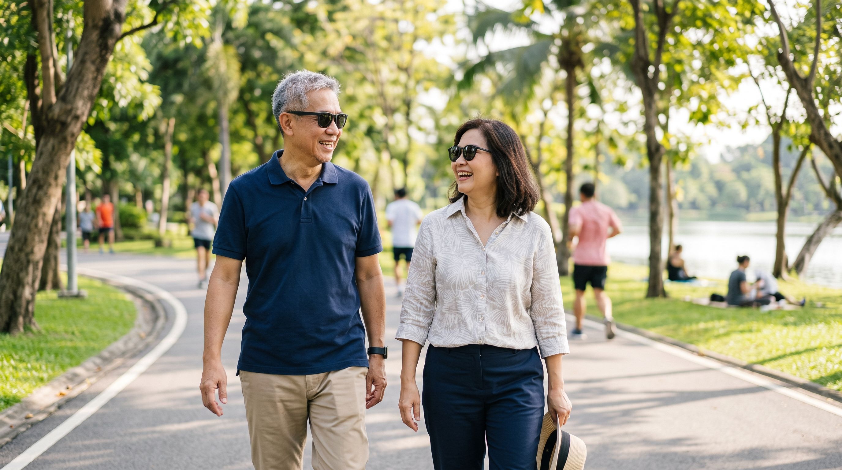 Elderly couple enjoying an outdoor walk on a bright day