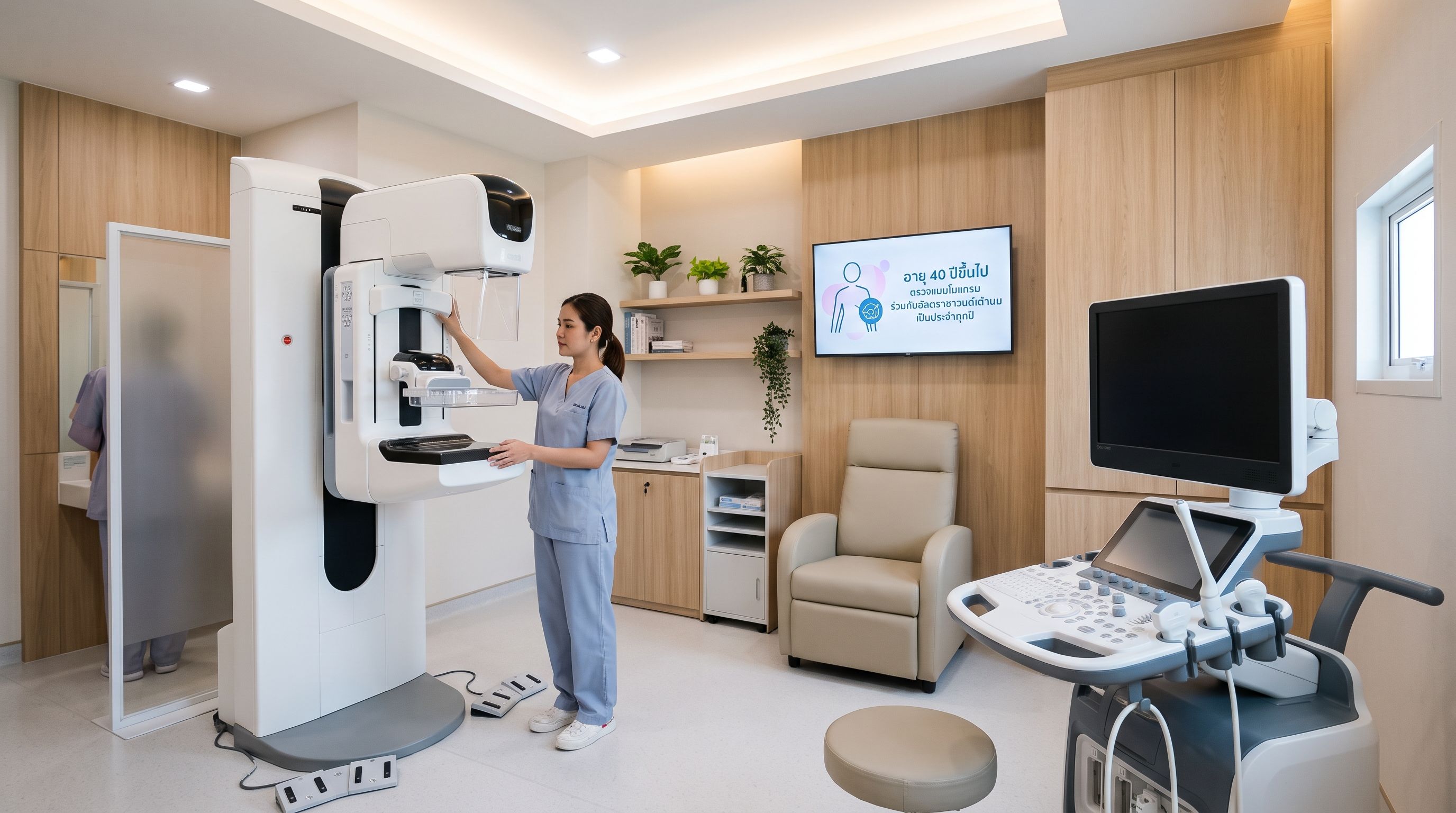 Technician calibrating advanced 3D digital mammogram and ultrasound equipment
