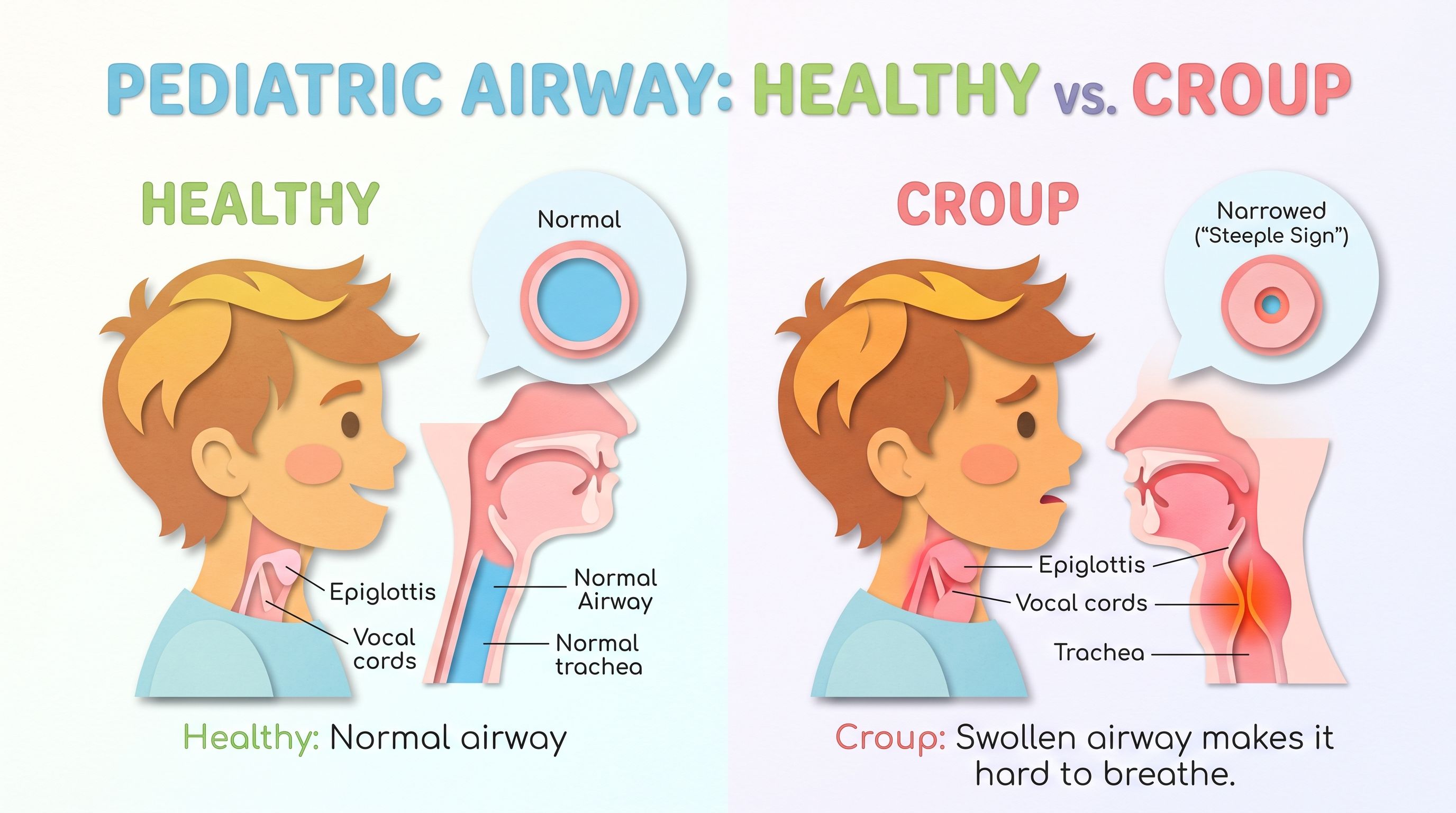 Children's airways: Normal condition compared to Croup