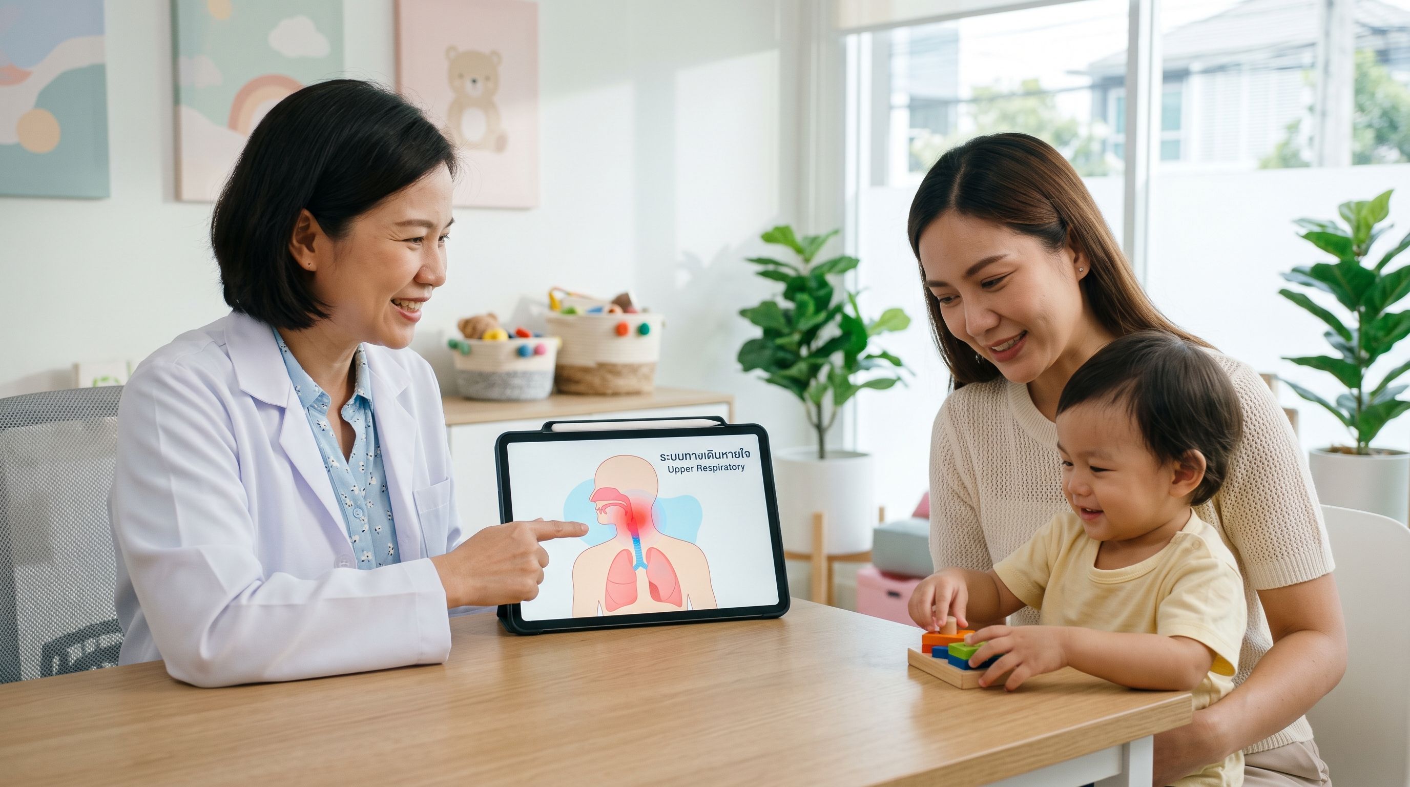 Pediatrician explaining croup to a mother