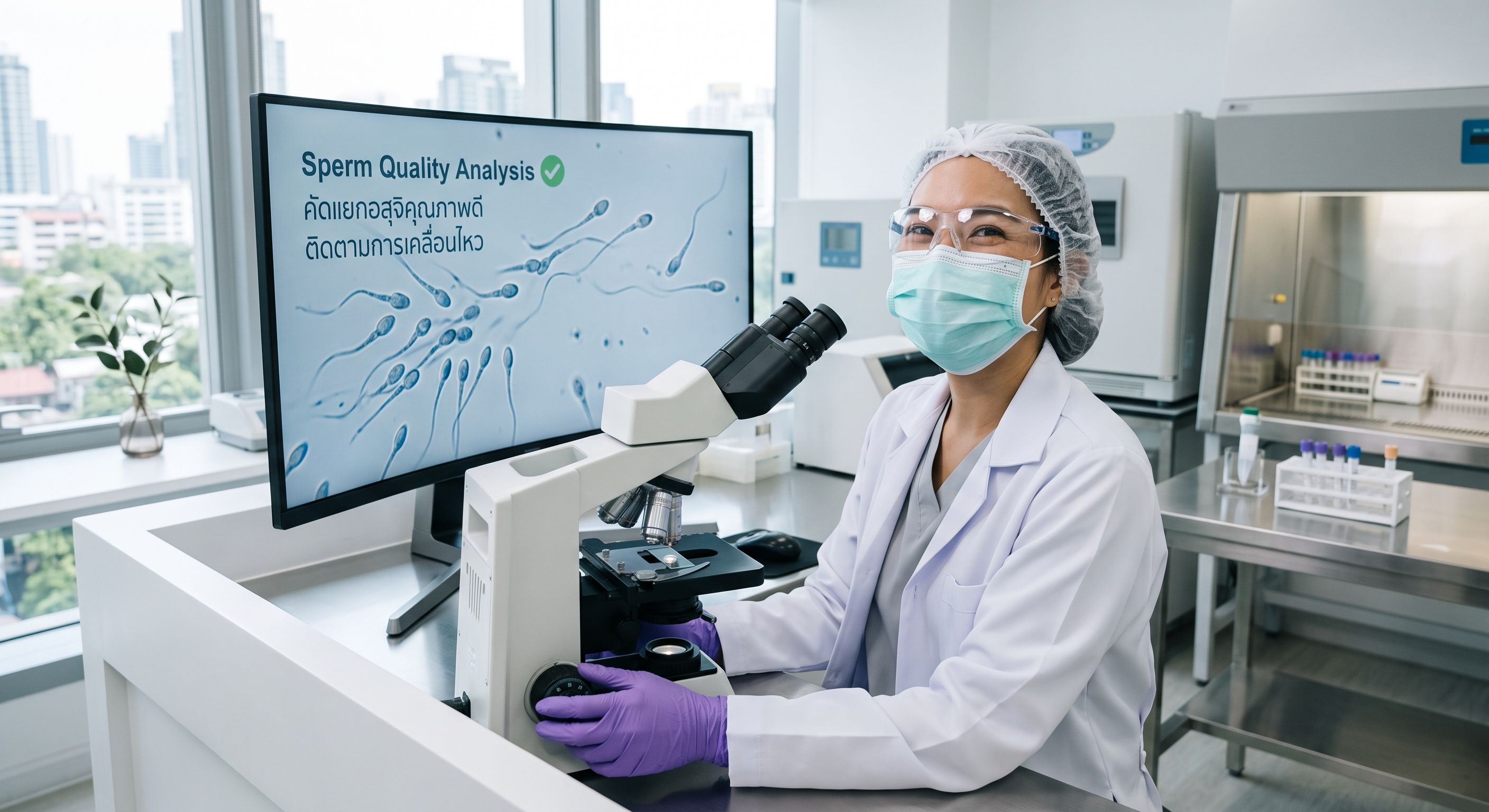 Embryologist culturing embryos in a laboratory analyzing and sorting high-quality sperm for IUI