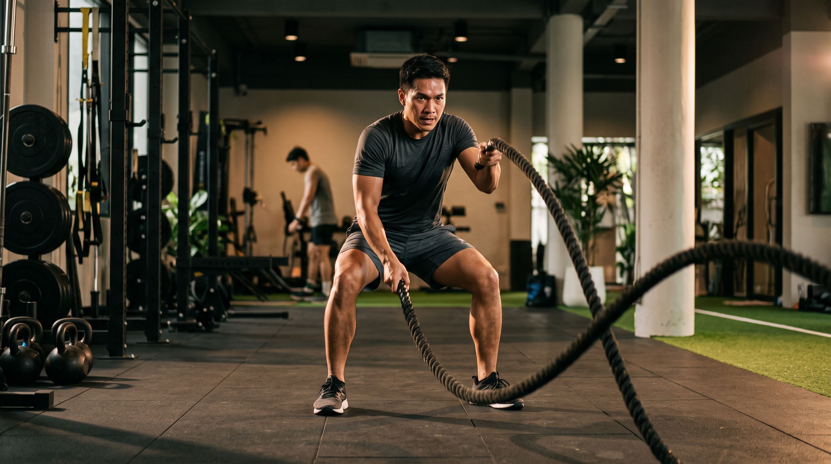 ชายกำลังออกกำลังกายแบบคาร์ดิโอด้วยเชือก Battle Rope อย่างหนักหน่วงในยิม