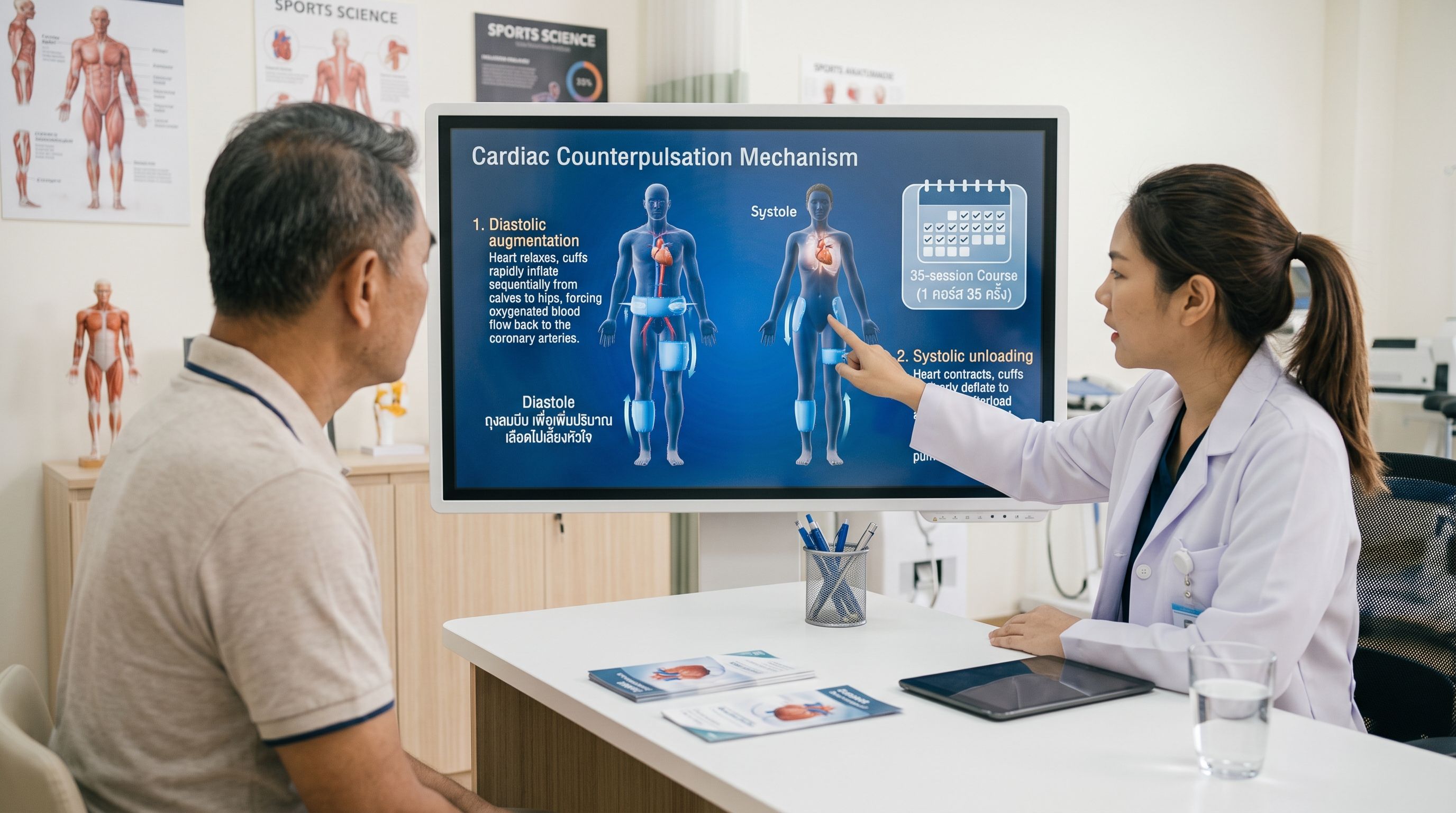 จอแสดงผลทางการแพทย์แบบดิจิทัลที่อธิบายกลไกการทำงานของ Cardiac Counterpulsation